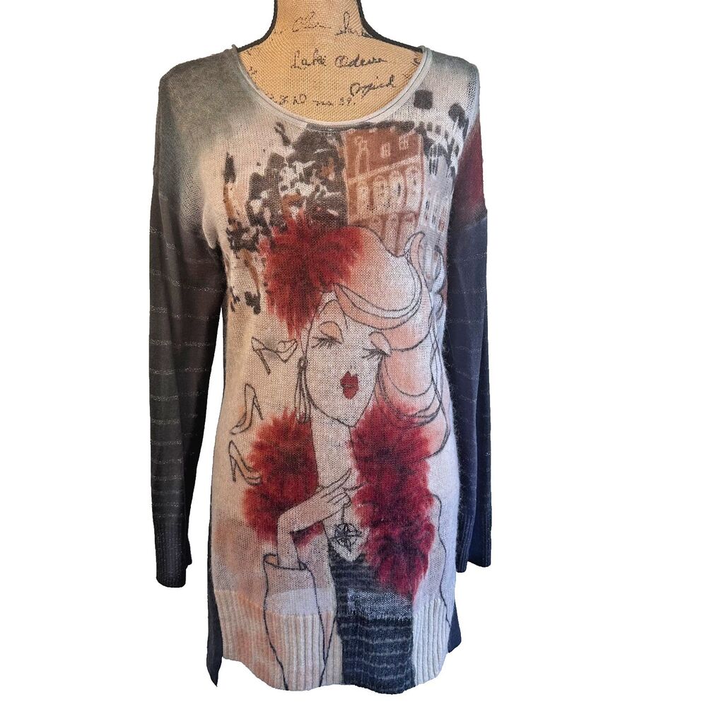 TUZZI Womens Silk Angora Wool Sweater Fashion Girl Graphic Tunic Germany Sz 8